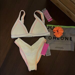 Cream Triangle Bikini Set with Pastel Trim